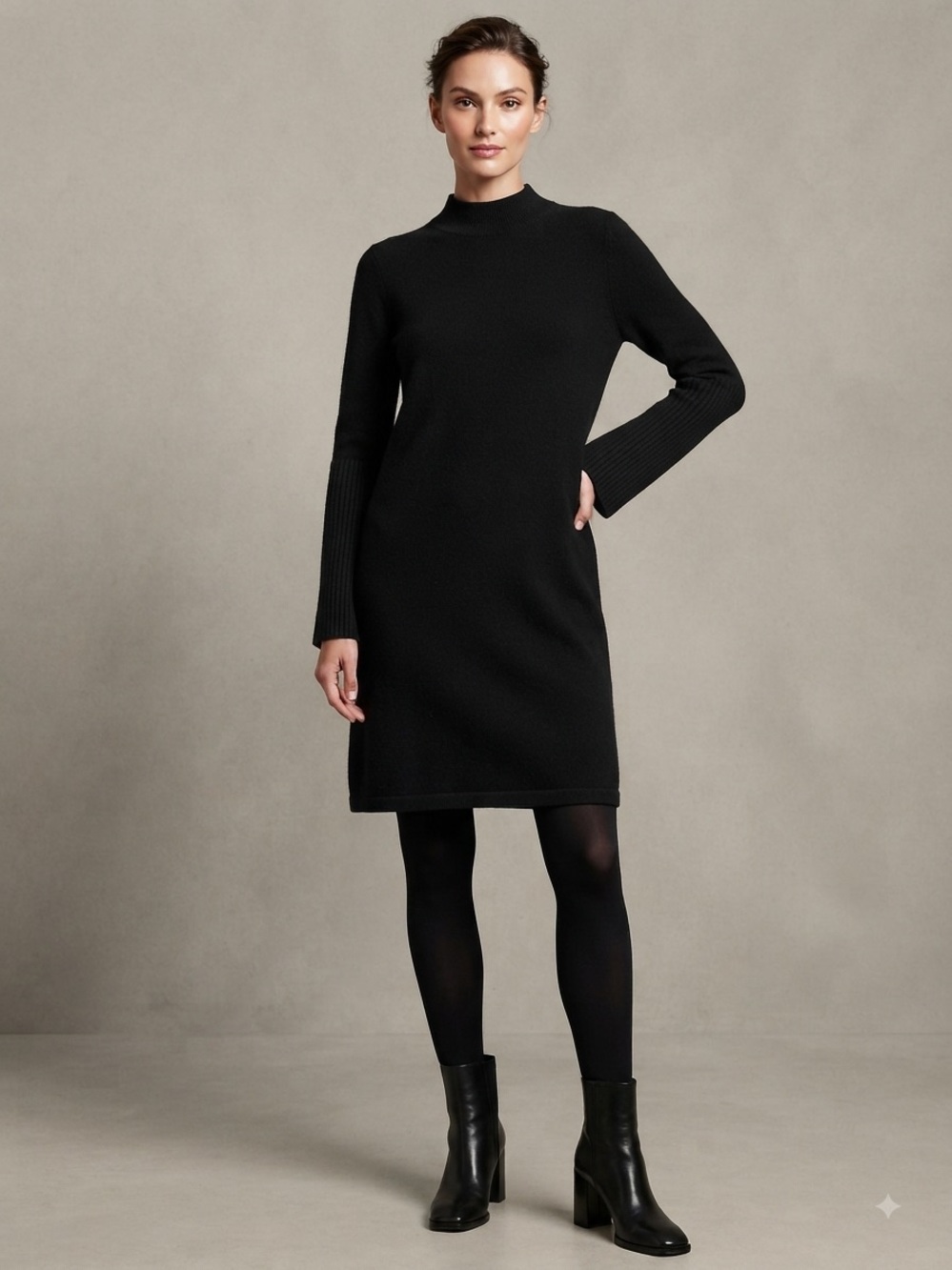 OAK + FORT Black Knit Mock Neck Bell Sleeve Sweater Dress Sz M
